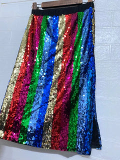 Color Block Sequin Skirt –  Knee-Length Party Skirt