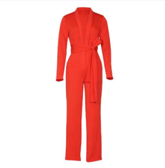 Tailored Deep V-Neck Jumpsuit – Long Sleeve Belted Power Look
