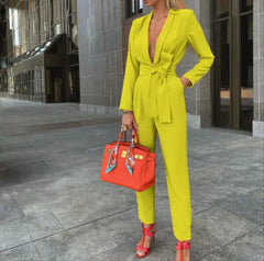 Tailored Deep V-Neck Jumpsuit – Long Sleeve Belted Power Look