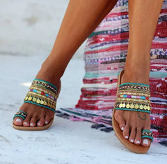Ethnic Style Metal Flat Sandals for Women