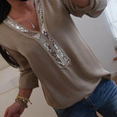 Chiffon V-Neck Blouse with Silver Sequin Trim – Long Sleeve