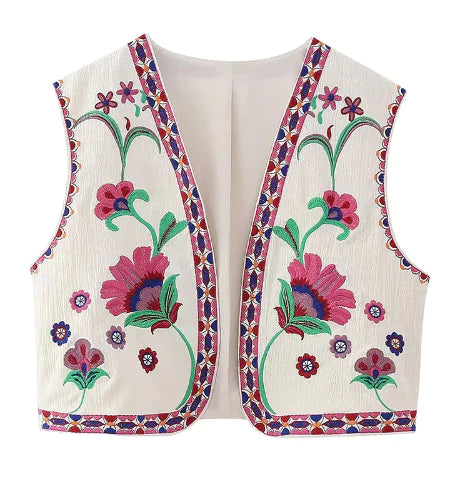 Embroidered Floral Vest with V-Neck