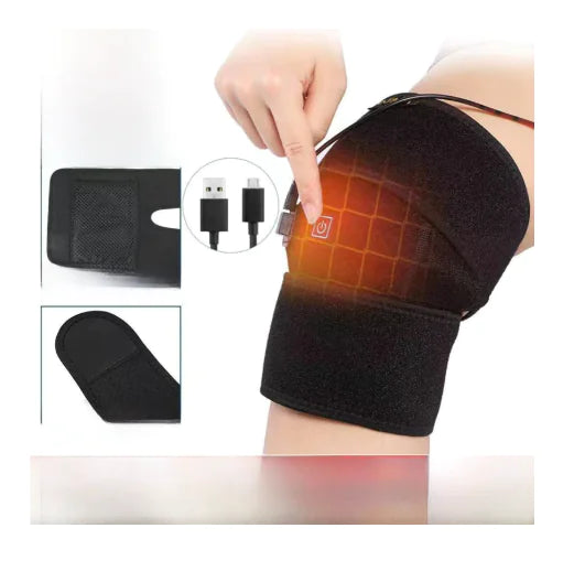 Heated knee brace with USB cable and power adapter on a white background