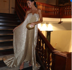 Strapless Pleated Gold Dress – Elegant Evening Look for Women