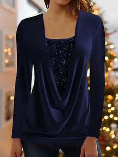 Sequin-Stitched U-Neck Long-Sleeve Shirt