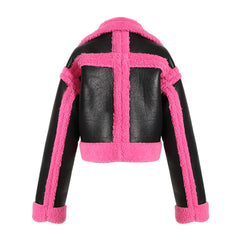 Pink Contrast Faux Fur Biker Jacket