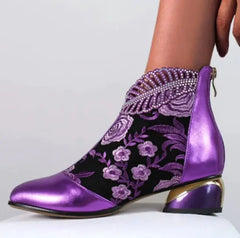 Vintage Leather Embroidered Chunky Heeled Ankle Boots