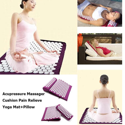 Woman meditating on purple acupressure yoga mat and pillow set