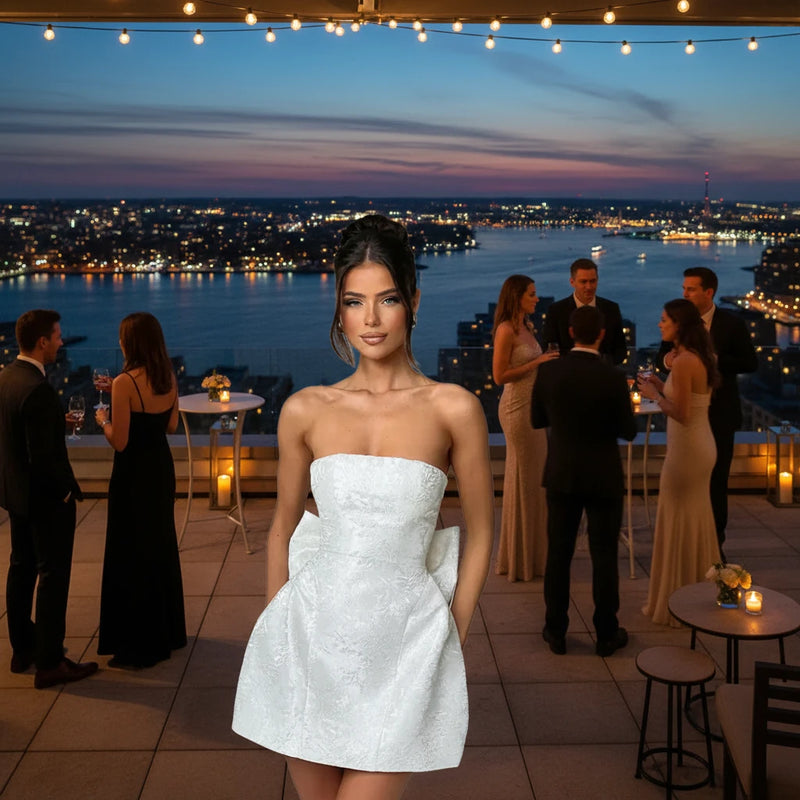 A white tube top dress with bow detail at the waist.