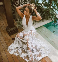 White Lace Beach Dress – V-Neck Cross-Back Sheer Cover-Up