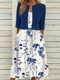 Elegant Floral Print Midi Dress with Matching Bolero Jacket