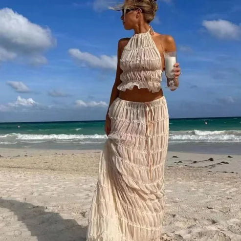 Boho Beach Two-Piece Set – Halter Crop Top & Maxi Skirt