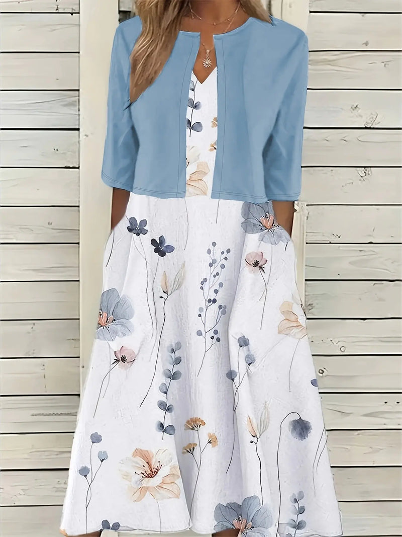 Elegant Floral Print Midi Dress with Matching Bolero Jacket