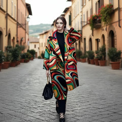 Woman wearing a multicolour retro swirl print long coat on a cobblestone street.