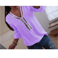 Chiffon V-Neck Blouse with Silver Sequin Trim – Long Sleeve
