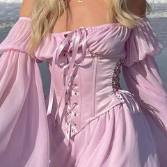 Pink Chiffon Summer Dress with Corset Detail