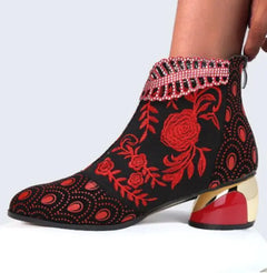 Vintage Leather Embroidered Chunky Heeled Ankle Boots
