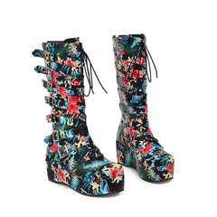 Fashionable Mid-Calf Wedge Boots with Buckle
