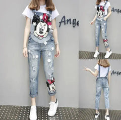 Cartoon Denim Overalls with Sequin Minnie Design – Casual Cute Streetwear