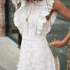 Lace Trim Embroidered White Dress
