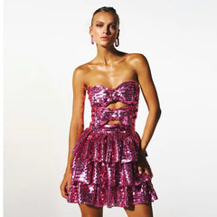 Sparkling Pink Sequin Strapless Mini Dress with Front Bows – Party & Clubwear