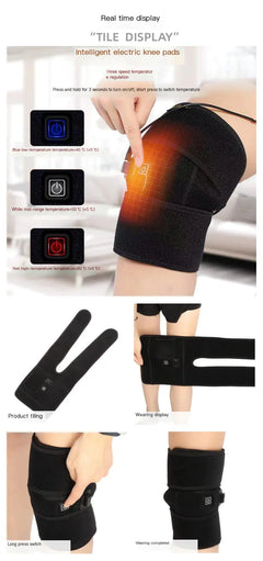 Electric knee pad with digital display and multiple views on a white background