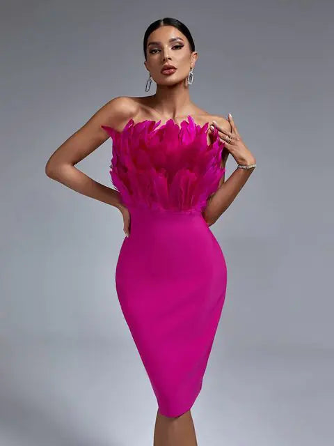 Strapless Pink Feather Bodycon Dress – Elegant Midi Party Look