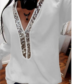 Chiffon V-Neck Blouse with Silver Sequin Trim – Long Sleeve