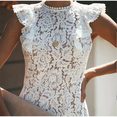 Elegant White Lace Sheath Dress – High Neck with Cap Sleeves