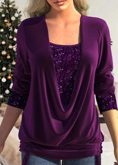 Sequin-Stitched U-Neck Long-Sleeve Shirt