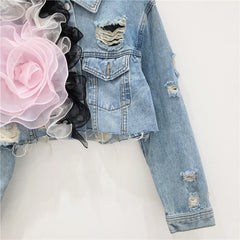 Creative Short Denim Jacket with Pink Flower – Women’s Statement Fashion