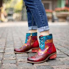 Retro Floral Leather Ankle Boots – Women’s Lace-Up Block Heel Boot