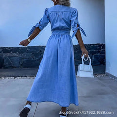 Chic Denim Midi Dress with Button Front & Tie Sleeves – Women's Dress
