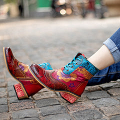 Retro Floral Leather Ankle Boots – Women’s Lace-Up Block Heel Boot