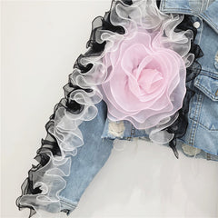 Creative Short Denim Jacket with Pink Flower – Women’s Statement Fashion