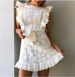 Lace Trim Embroidered White Dress