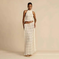 Boho Beach Two-Piece Set – Halter Crop Top & Maxi Skirt