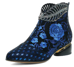 Vintage Leather Embroidered Chunky Heeled Ankle Boots