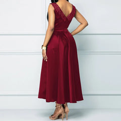 Elegant Vintage Satin Dress with Embroidered Collar and Waist – Sleeveless Evening Dress