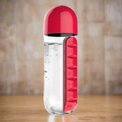 Clear water bottle with red cap and labeled compartments on a white background