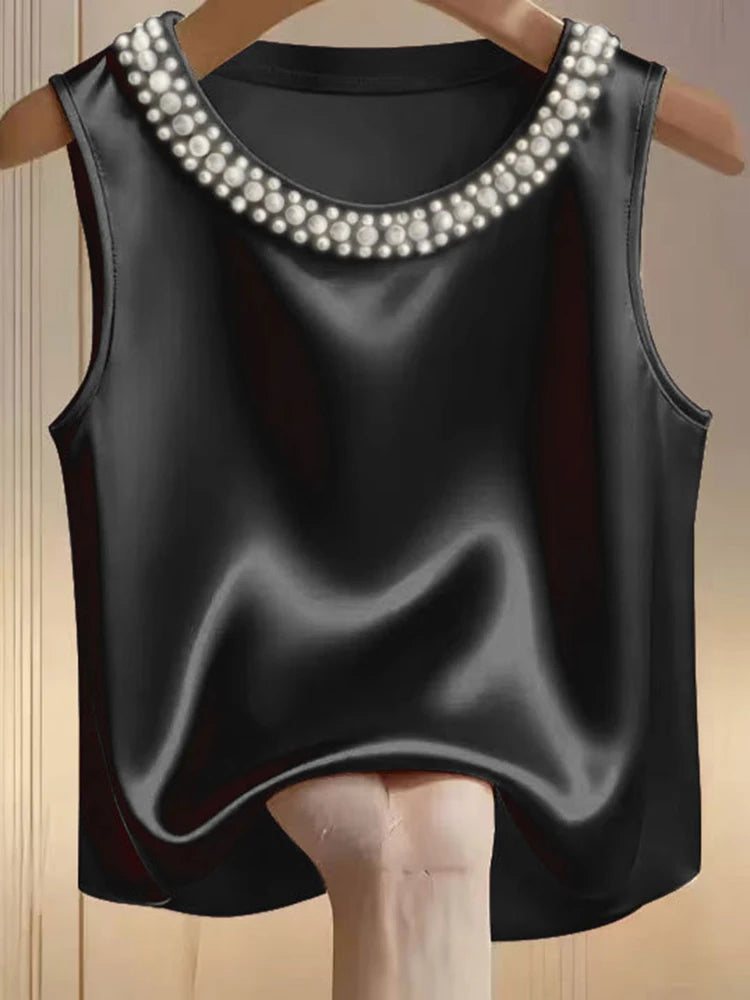 Women’s Satin Sleeveless Top – Pearl Neck Elegant Blouse