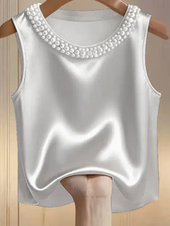 Women’s Satin Sleeveless Top – Pearl Neck Elegant Blouse