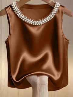 Women’s Satin Sleeveless Top – Pearl Neck Elegant Blouse