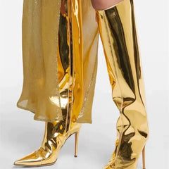 Holographic Patent-Leather Stiletto Knee Boots - Point-Toe Shine & Comfort