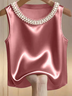 Women’s Satin Sleeveless Top – Pearl Neck Elegant Blouse