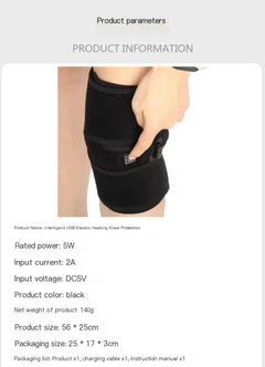 Product information card for a black knee brace with technical specifications.