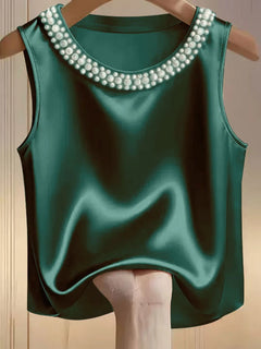 Women’s Satin Sleeveless Top – Pearl Neck Elegant Blouse