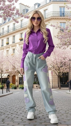 Women’s Embroidered Heart Jeans – Wide Leg High Waist Denim Pants