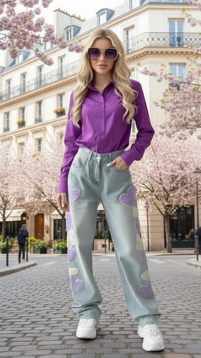 Women’s Embroidered Heart Jeans – Wide Leg High Waist Denim Pants