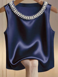Women’s Satin Sleeveless Top – Pearl Neck Elegant Blouse